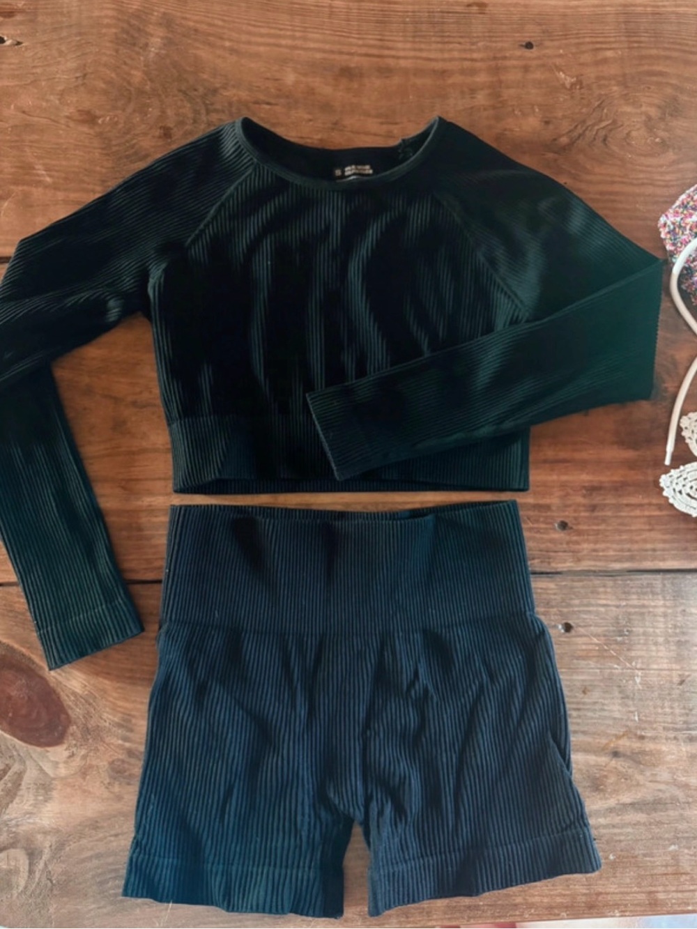 Amazon Black Ribbed Long-Sleeve Crop Top with High-Waist Bike Shorts